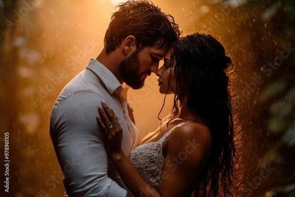 Obraz A romantic couple embraces lovingly in a golden-lit forest, surrounded by the warm glow of the sunset, evoking feelings of love, warmth, intimacy, and the beauty of nature.