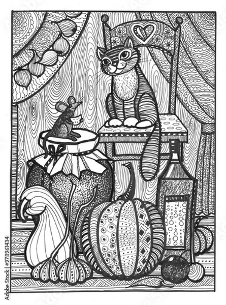Fototapeta Cat and mouse are in the pantry with pumpkin supplies and dishes, this decorative graphic drawing is hand made in vintage style with black line on white paper for autumn graphic design.