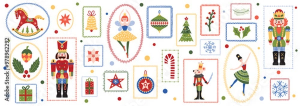 Fototapeta Christmas decorations flat vector illustration. New Year's balls, nutcracker and ballerina . Merry Christmas and New Year set with Ballerina and Nutcracker. iTransparent background