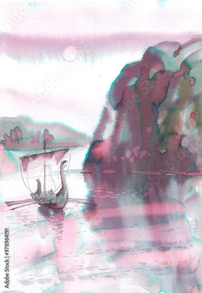 Fototapeta A Viking ship sails near a rock - this is a hand-drawn drawing on paper with colored ink.