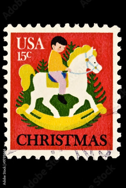 Obraz Dziecko na Hobby Horse i Christmas Tree Stamp