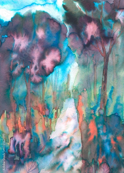 Fototapeta Abstract landscape drawn with ink on paper in blue, bright contrasting tones for graphic design.