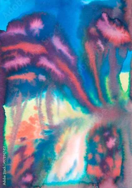 Fototapeta Abstract art resembling landscape is hand drawn on paper with ink for graphic design. Blue, red and yellow ink spreads on wet paper