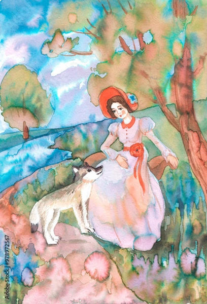 Fototapeta The girl in the red cap and the wolf are on a forest path on a summer day. This is a fairy tale illustration done by hand on paper with colored bright ink.