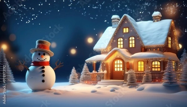 Obraz winter night scene with an isolated christmas house with windows emitting a warm glow, surrounded by snow-covered ground and trees. In the foreground, a snowman with a top hat, scarf, and carrot nose 