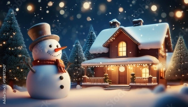 Obraz winter night scene featuring a snow-covered house adorned with christmas lights. In the foreground, a snowman with a top hat and scarf stands, surrounded by trees and falling snowflakes