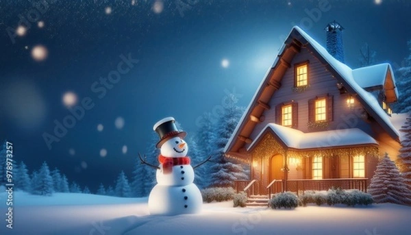 Obraz Snowman guarding a cozy mountain cabin. A winter wonderland scene with a snowman standing in front of a beautifully decorated house, perfect for the Christmas holiday season