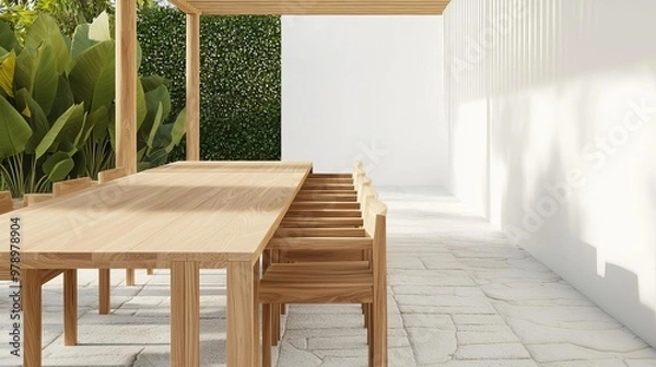 Fototapeta Teak wood dining set under a pergola in an outdoor setting, alfresco dining, surrounded by greenery and stone path, natural sunlight filtering through, inviting and fresh ambiance