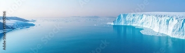 Fototapeta A glacier melting into the ocean, with the freshwater mixing into the salty sea, disrupting the ecosystem and illustrating rising global temperatures