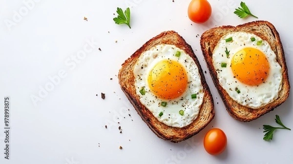 Obraz Two Toasts with Sunny-Side Up Fried Eggs, Cherry Tomatoes and Parsley on White Background, Top View