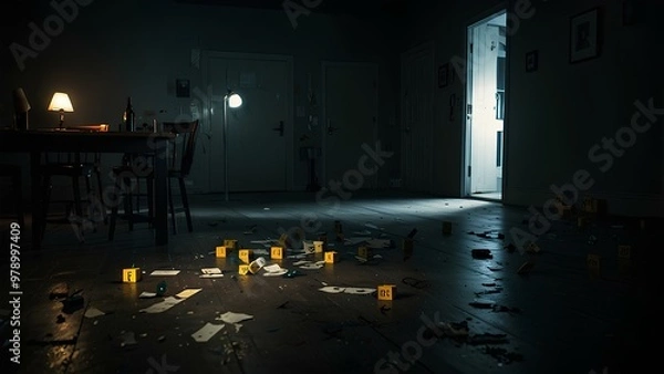 Obraz Forensic Evidence Markers in a Dimly Lit Room – Crime Scene Photography