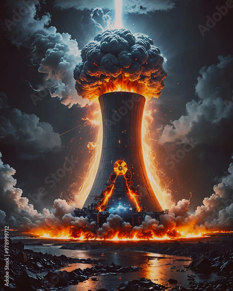 Fototapeta Nuclear power plant explosion with smoke and flames. 3d illustration