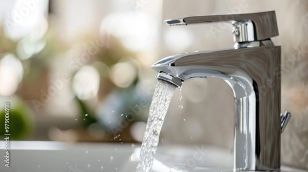 Fototapeta Close-up of running water from a chrome faucet, blurred background
Concept: clean water, modern faucet, hygiene, home water supply, sanitation