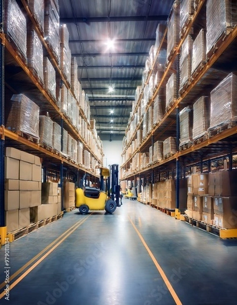 Obraz Retail warehouse full of shelves with goods in cartons, with pallets and forklifts. Logistic