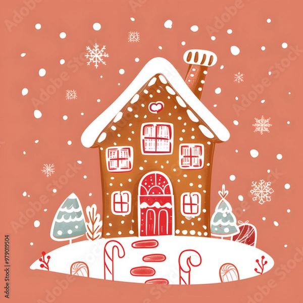 Obraz New Year's and Christmas festival cards in a 2D doodle illustrator style on pastel color backgrounds for graphic advertising.