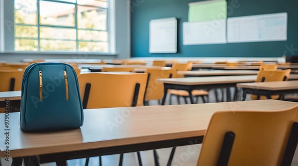 Fototapeta Empty classroom with rows of wooden desks and chairs neatly arranged