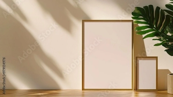 Fototapeta A simple, elegant poster mockup with a blank frame on the wall next to an empty picture frame, soft neutral tones of beige and light pink, a monstera plant in the corner for decor,
