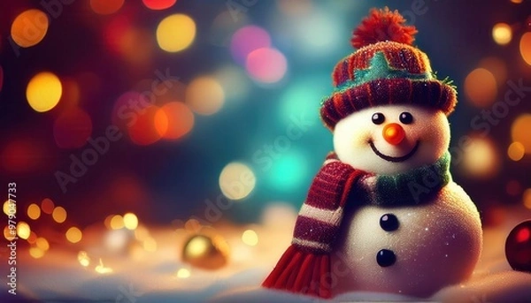 Obraz A cheerful snowman with a smiling face, wearing a colorful winter hat and scarf, stands against a blurred background of multicolored festive lights, creating a joyful holiday atmosphere. Copy space