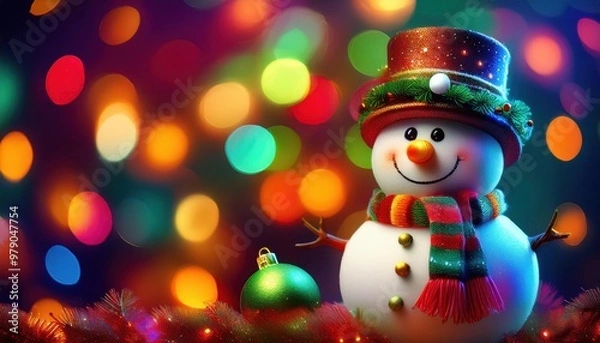 Fototapeta  Christmas snowman with ornament and bokeh lights in xmas background, copy space
