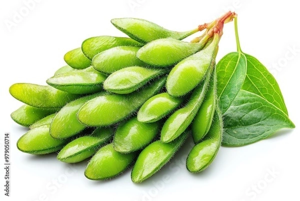 Fototapeta Fresh green pods with leaves showcasing vibrant color and healthy organic appearance, perfect for culinary and nutrition themes.
