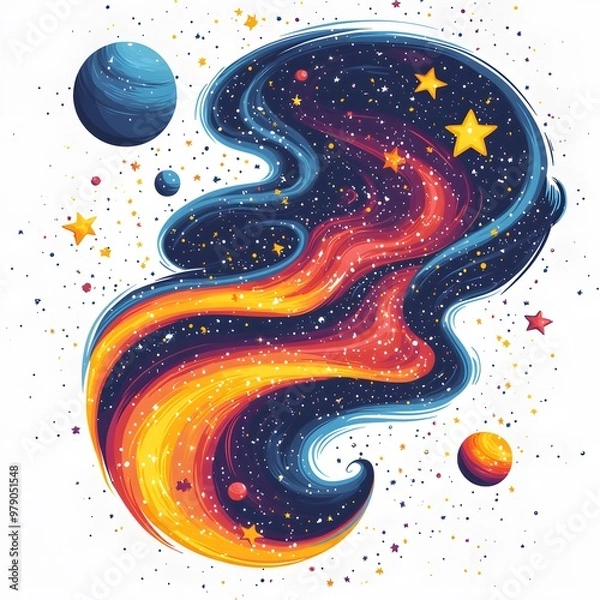 Fototapeta Vibrant retro-style galaxy with contrasting colors and minimal details, featuring swirling stars and planets. The relaxing cosmic vibe is isolated on a white background