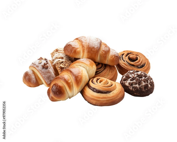 Fototapeta Assorted delicious pastries and breads served on white background. Ideal for food themed graphics and bakery marketing. Generative AI