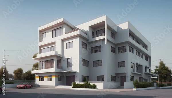 Fototapeta Illustrative frontal view of a new, modern and clearly architecturally planned house, new modern architecture, architectural visualization