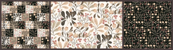 Fototapeta Seamless floral pattern, decorative botanical design, abstract ornament of wild plants. Autumn nature print: small hand drawn branches, flowers, leaves in neutral beige, brown colors. Vector graphic.