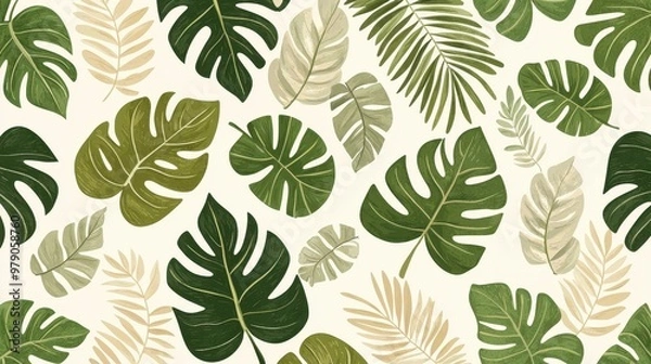 Fototapeta Tropical Leaves Pattern   Green and Beige Watercolor Illustration