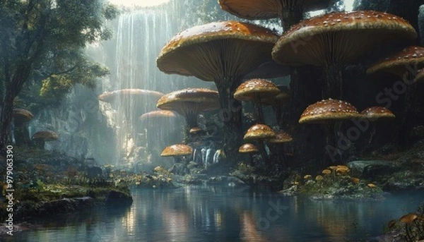 Fototapeta Giant mushrooms grow near a waterfall and a tranquil stream.