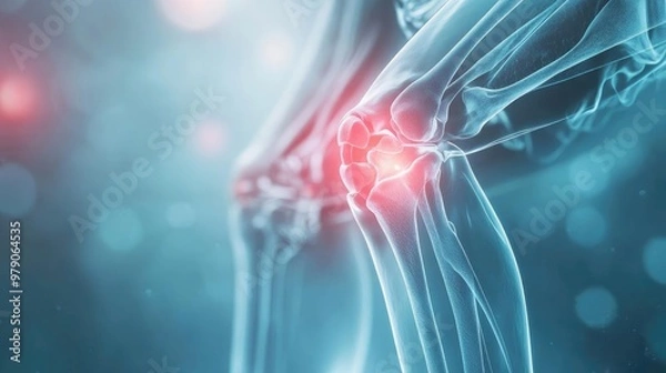 Fototapeta Close-up of a human knee joint illustrating pain and inflammation with a transparent view, ideal for medical and health-related content.
