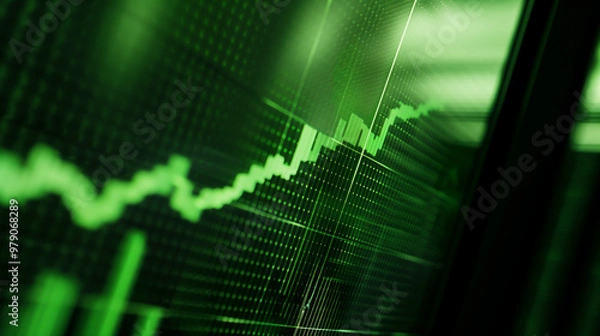 Fototapeta Close-up of a digital stock market screen showing a dividend stock graph with a green upward trend line, symbolizing financial growth and investment success. The softly blurred background highlights t