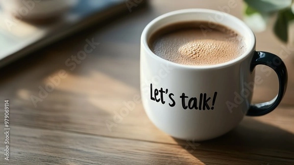 Obraz Close-up of a coffee mug with 'Let's talk!' text on a wooden table, inviting conversation, warm morning light, and relaxed atmosphere.