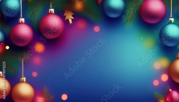 Obraz Christmas background with balls. Sparkling Christmas Decorations. Festive background with colorful Christmas decorations hanging and placed on a reflective surface, with blurred lights in the distance