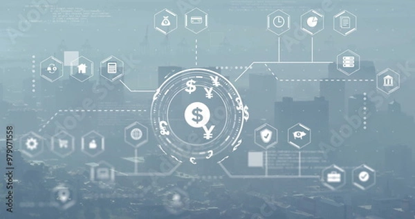 Fototapeta Image of digital currency icons and data processing over cityscape