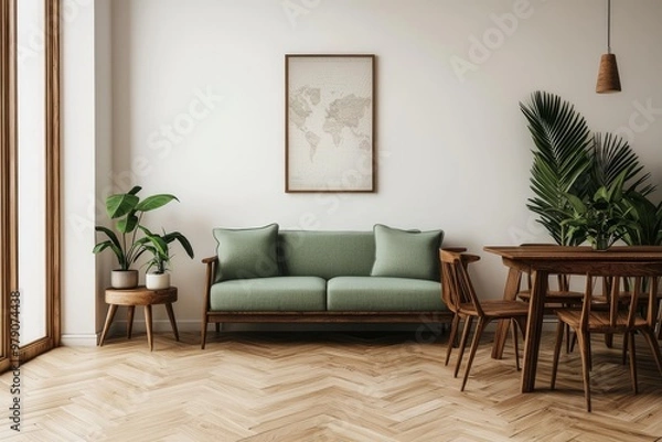 Fototapeta Design mint sofa, furnitures, mock up poster map, plants, and elegant personal accessories in modern decor. Open space with dining room. Template ready to use.