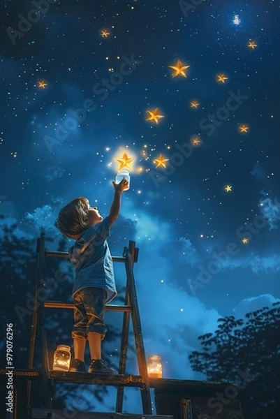 Fototapeta A child standing on a ladder reaching toward the stars, holding a jar as if trying to capture a glowing, falling star in the night sky.