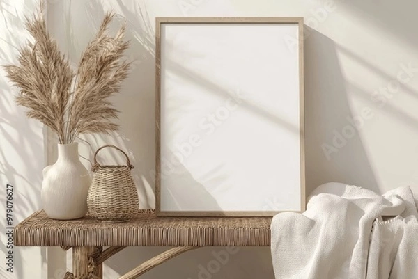 Fototapeta Mockup of a white frame portrait on a vintage wooden bench with a marble tray and dry Lagurus ovatus grass. Scandinavian interior with a blurred beige linen blanket and white ceramic vase.