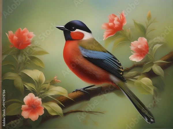 Fototapeta  An elegant painting of a bird on a branch with lush flowers, reflecting the peaceful coexistence of wildlife and flora. generated ai