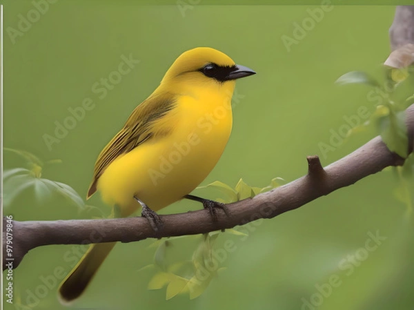 Fototapeta  An elegant painting of a bird on a branch with lush flowers, reflecting the peaceful coexistence of wildlife and flora. generated ai