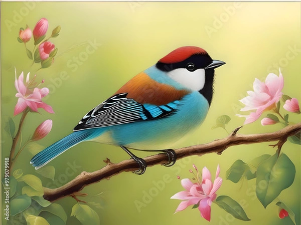 Fototapeta  An elegant painting of a bird on a branch with lush flowers, reflecting the peaceful coexistence of wildlife and flora. generated ai