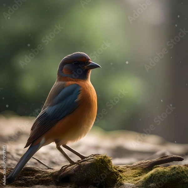 Fototapeta  An elegant painting of a bird on a branch with lush flowers, reflecting the peaceful coexistence of wildlife and flora. generated ai