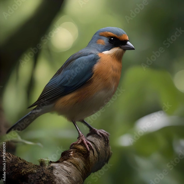 Fototapeta  An elegant painting of a bird on a branch with lush flowers, reflecting the peaceful coexistence of wildlife and flora. generated ai
