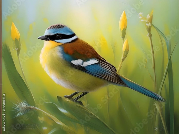 Fototapeta  An elegant painting of a bird on a branch with lush flowers, reflecting the peaceful coexistence of wildlife and flora. generated ai