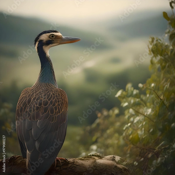 Fototapeta  An elegant painting of a bird on a branch with lush flowers, reflecting the peaceful coexistence of wildlife and flora. generated ai