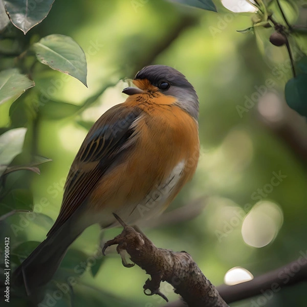 Fototapeta  An elegant painting of a bird on a branch with lush flowers, reflecting the peaceful coexistence of wildlife and flora. generated ai