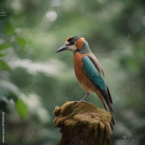 Fototapeta  An elegant painting of a bird on a branch with lush flowers, reflecting the peaceful coexistence of wildlife and flora. generated ai