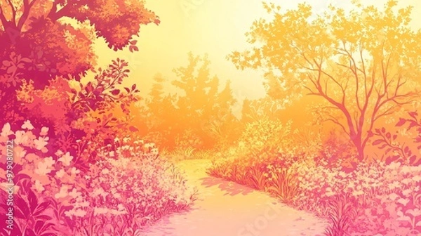 Fototapeta A watercolor illustration of a path through a lush forest with yellow and pink hues.