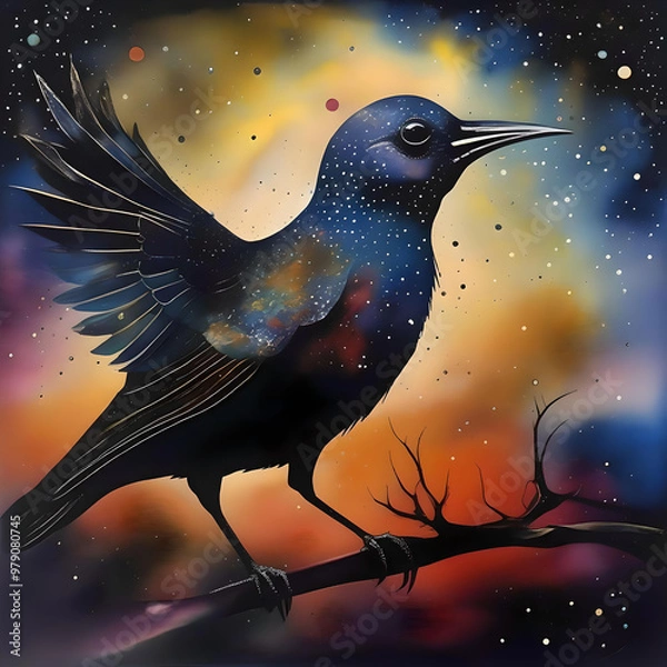 Fototapeta  An elegant painting of a bird on a branch with lush flowers, reflecting the peaceful coexistence of wildlife and flora. generated ai