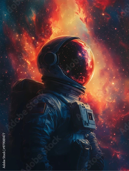 Fototapeta A detailed astronaut standing in space, surrounded by vibrant galaxies and stars. 